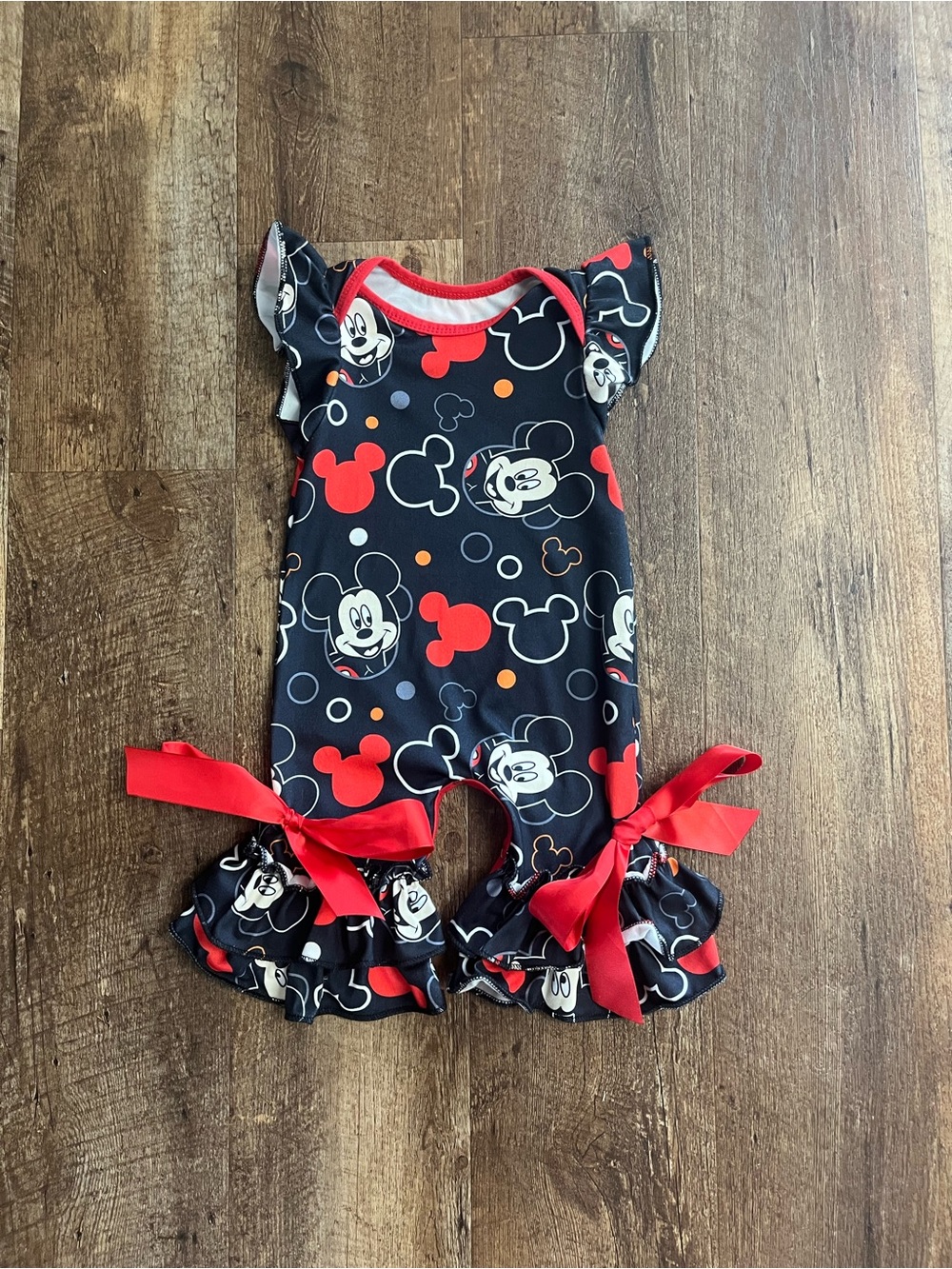 Girls Mickey Mouse Ruffle Bow Romper - Black & Red